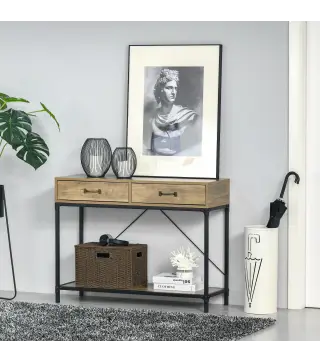 Mesa de Consola Industrial Mesa de Sofá con 2 Cajones y Estante para Recibidor con Patas de Metal Marrón y Negro