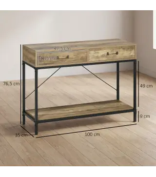 Mesa de Consola Industrial Mesa de Sofá con 2 Cajones y Estante para Recibidor con Patas de Metal Marrón y Negro