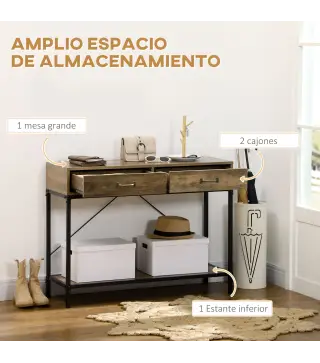 Mesa de Consola Industrial Mesa de Sofá con 2 Cajones y Estante para Recibidor con Patas de Metal Marrón y Negro
