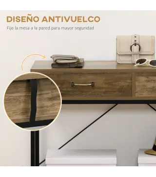 Mesa de Consola Industrial Mesa de Sofá con 2 Cajones y Estante para Recibidor con Patas de Metal Marrón y Negro