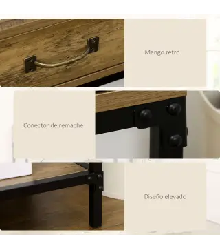 Mesa de Consola Industrial Mesa de Sofá con 2 Cajones y Estante para Recibidor con Patas de Metal Marrón y Negro
