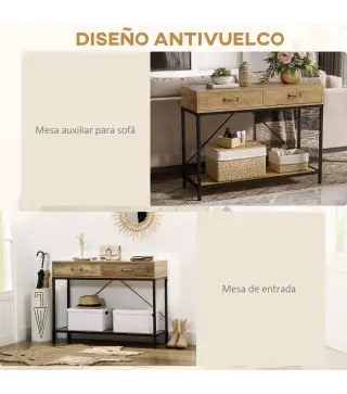 Mesa de Consola Industrial Mesa de Sofá con 2 Cajones y Estante para Recibidor con Patas de Metal Marrón y Negro