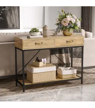 Mesa de Consola Industrial Mesa de Sofá con 2 Cajones y Estante para Recibidor con Patas de Metal Marrón y Negro