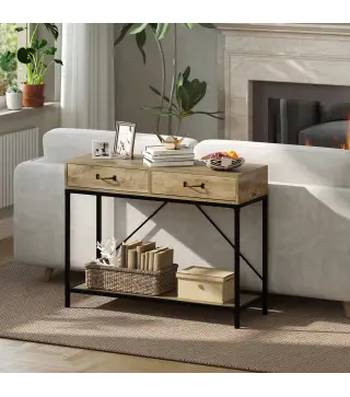Mesa de Consola Industrial Mesa de Sofá con 2 Cajones y Estante para Recibidor con Patas de Metal Marrón y Negro