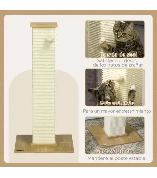 Poste Rascador para Gatos de 80 cm Árbol para Gatos con Poste de Sisal y Bola Colgante 38x38x80 cm Roble
