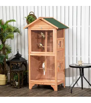 Jaula para Pájaros de Madera con 3 Puertas 4 Perchas Bandeja Extraíble y Techo Asfáltico 80,5x57x153 cm Natural