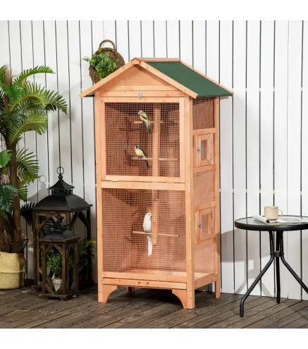 Jaula para Pájaros de Madera con 3 Puertas 4 Perchas Bandeja Extraíble y Techo Asfáltico 80,5x57x153 cm Natural