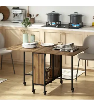 Mesa de Cocina Plegable con Ruedas Alas Abatibles y Estante Mesa Plegable para Salón 130x80x74 cm Marrón