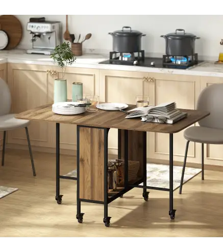 Mesa de Cocina Plegable con Ruedas Alas Abatibles y Estante Mesa Plegable para Salón 130x80x74 cm Marrón