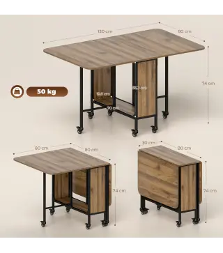 Mesa de Cocina Plegable con Ruedas Alas Abatibles y Estante Mesa Plegable para Salón 130x80x74 cm Marrón