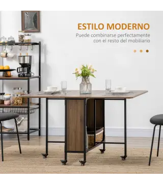 Mesa de Cocina Plegable con Ruedas Alas Abatibles y Estante Mesa Plegable para Salón 130x80x74 cm Marrón