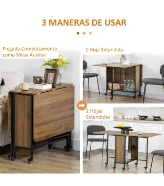 Mesa de Cocina Plegable con Ruedas Alas Abatibles y Estante Mesa Plegable para Salón 130x80x74 cm Marrón