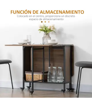 Mesa de Cocina Plegable con Ruedas Alas Abatibles y Estante Mesa Plegable para Salón 130x80x74 cm Marrón