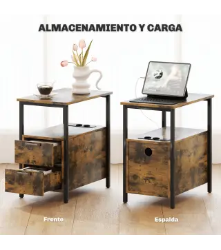 Mesa Auxiliar con Estación de Carga y Toma de Corriente Mesita de Noche con Cajones y Estantería Abierta Marrón Rústico