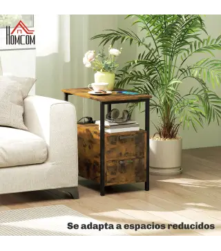 Mesa Auxiliar con Estación de Carga y Toma de Corriente Mesita de Noche con Cajones y Estantería Abierta Marrón Rústico