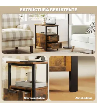Mesa Auxiliar con Estación de Carga y Toma de Corriente Mesita de Noche con Cajones y Estantería Abierta Marrón Rústico