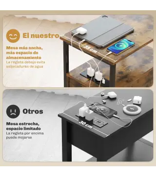 Mesa Auxiliar con Estación de Carga y Toma de Corriente Mesita de Noche con Cajones y Estantería Abierta Marrón Rústico