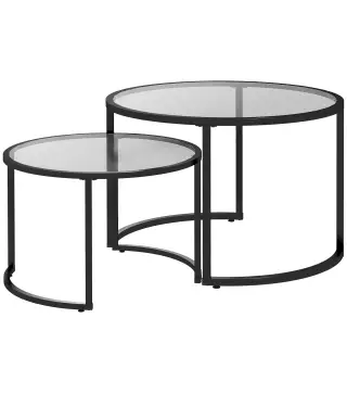 Juego de 2 Mesas Nido Mesas de Centro Redondas Tablero de Cristal Templado Marco de Acero Negro y Transparente