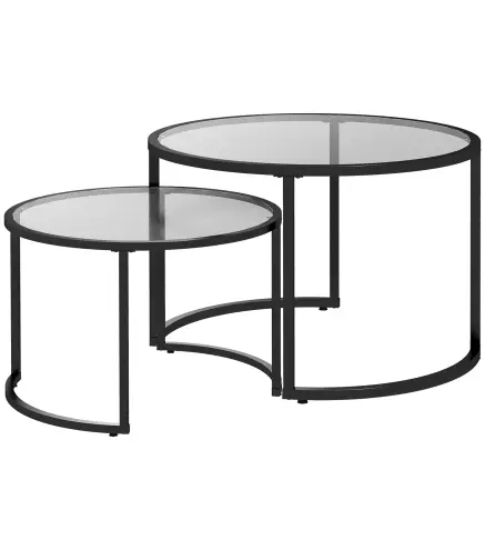 Juego de 2 Mesas Nido Mesas de Centro Redondas Tablero de Cristal Templado Marco de Acero Negro y Transparente