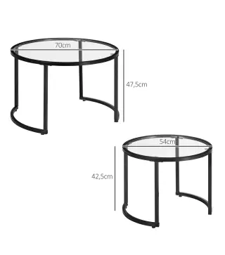 Juego de 2 Mesas Nido Mesas de Centro Redondas Tablero de Cristal Templado Marco de Acero Negro y Transparente