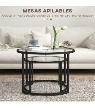 Juego de 2 Mesas Nido Mesas de Centro Redondas Tablero de Cristal Templado Marco de Acero Negro y Transparente