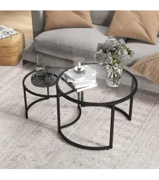 Juego de 2 Mesas Nido Mesas de Centro Redondas Tablero de Cristal Templado Marco de Acero Negro y Transparente