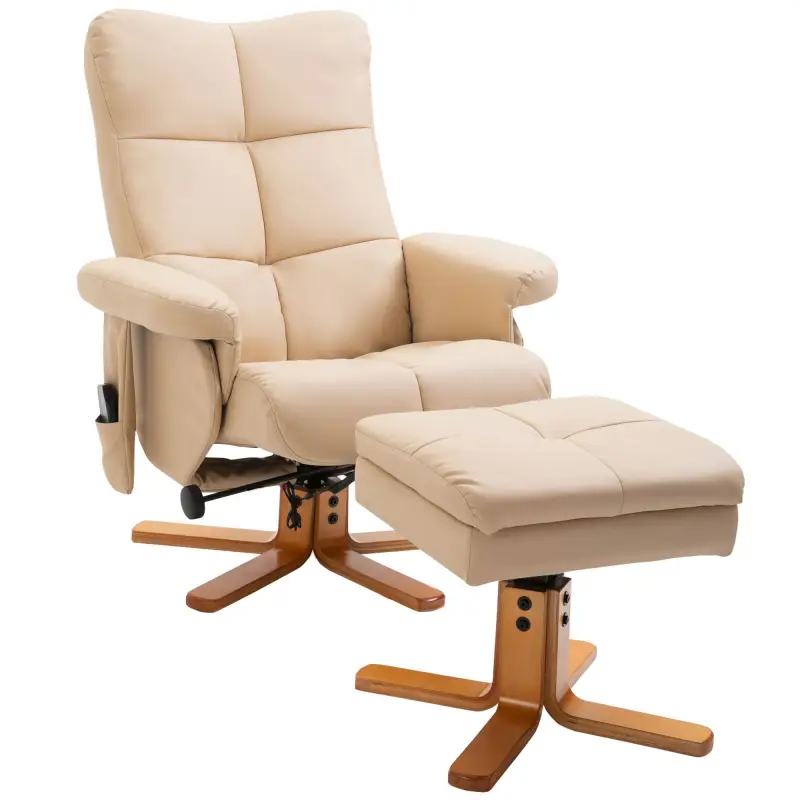 Sillón Relax Reclinable con Reposapiés 10 Puntos de Masaje Giratorio Mando a Distancia Bolsillo Lateral Crema