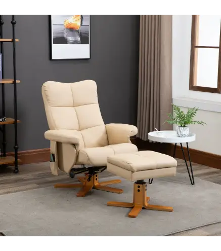 Sillón Relax Reclinable con Reposapiés 10 Puntos de Masaje Giratorio Mando a Distancia Bolsillo Lateral Crema