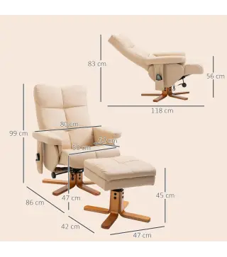 Sillón Relax Reclinable con Reposapiés 10 Puntos de Masaje Giratorio Mando a Distancia Bolsillo Lateral Crema