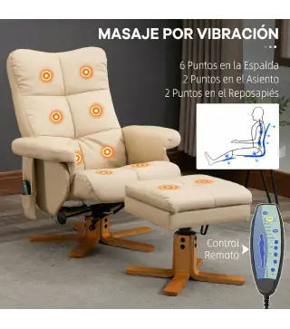 Sillón Relax Reclinable con Reposapiés 10 Puntos de Masaje Giratorio Mando a Distancia Bolsillo Lateral Crema