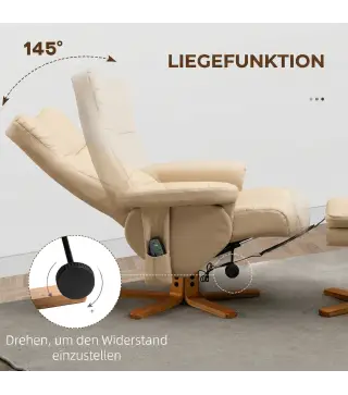 Sillón Relax Reclinable con Reposapiés 10 Puntos de Masaje Giratorio Mando a Distancia Bolsillo Lateral Crema