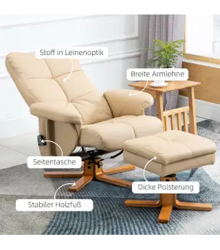 Sillón Relax Reclinable con Reposapiés 10 Puntos de Masaje Giratorio Mando a Distancia Bolsillo Lateral Crema