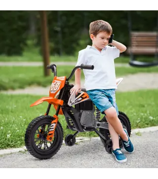 Moto Eléctrica para Niños 12V 2 Motores Suspensión Trasera Ruedas de Apoyo Desmontables Música Niños 3-6 Años Naranja