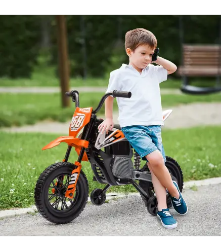 Moto Eléctrica para Niños 12V 2 Motores Suspensión Trasera Ruedas de Apoyo Desmontables Música Niños 3-6 Años Naranja