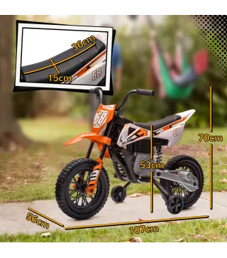 Moto Eléctrica para Niños 12V 2 Motores Suspensión Trasera Ruedas de Apoyo Desmontables Música Niños 3-6 Años Naranja