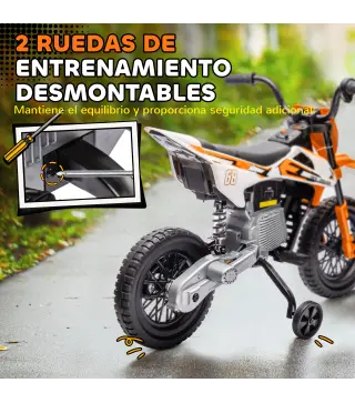 Moto Eléctrica para Niños 12V 2 Motores Suspensión Trasera Ruedas de Apoyo Desmontables Música Niños 3-6 Años Naranja