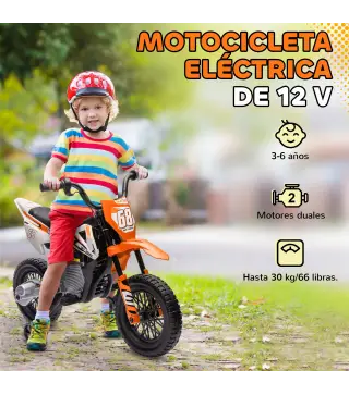 Moto Eléctrica para Niños 12V 2 Motores Suspensión Trasera Ruedas de Apoyo Desmontables Música Niños 3-6 Años Naranja