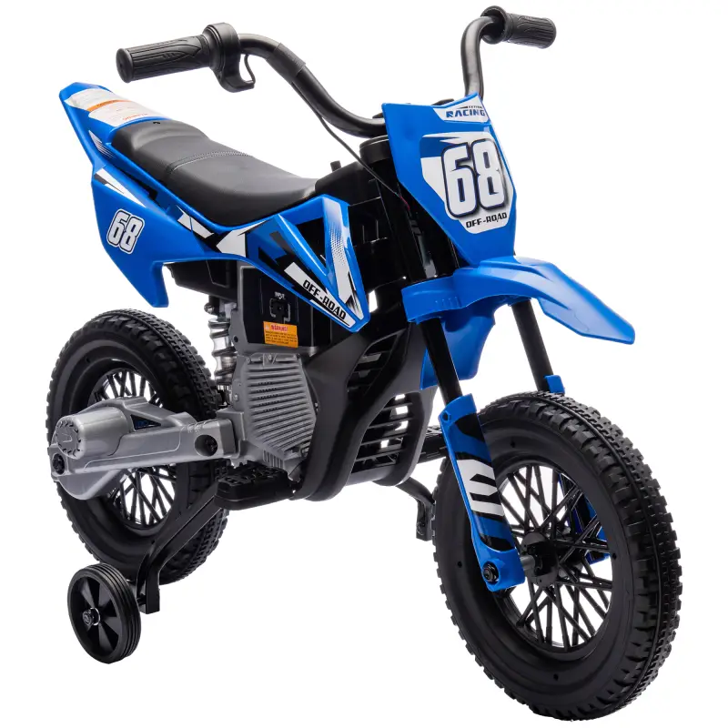 Moto Eléctrica para Niños 12V con 2 Motores Suspensión Trasera Ruedas de Apoyo Desmontables Música Niños 3-6 Años Azul