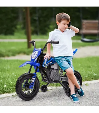 Moto Eléctrica para Niños 12V con 2 Motores Suspensión Trasera Ruedas de Apoyo Desmontables Música Niños 3-6 Años Azul