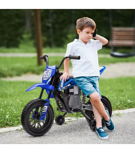 Moto Eléctrica para Niños 12V con 2 Motores Suspensión Trasera Ruedas de Apoyo Desmontables Música Niños 3-6 Años Azul