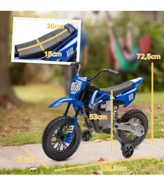 Moto Eléctrica para Niños 12V con 2 Motores Suspensión Trasera Ruedas de Apoyo Desmontables Música Niños 3-6 Años Azul