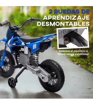 Moto Eléctrica para Niños 12V con 2 Motores Suspensión Trasera Ruedas de Apoyo Desmontables Música Niños 3-6 Años Azul