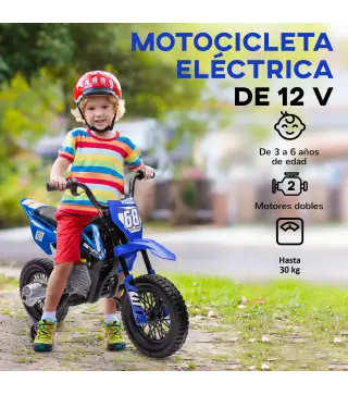 Moto Eléctrica para Niños 12V con 2 Motores Suspensión Trasera Ruedas de Apoyo Desmontables Música Niños 3-6 Años Azul