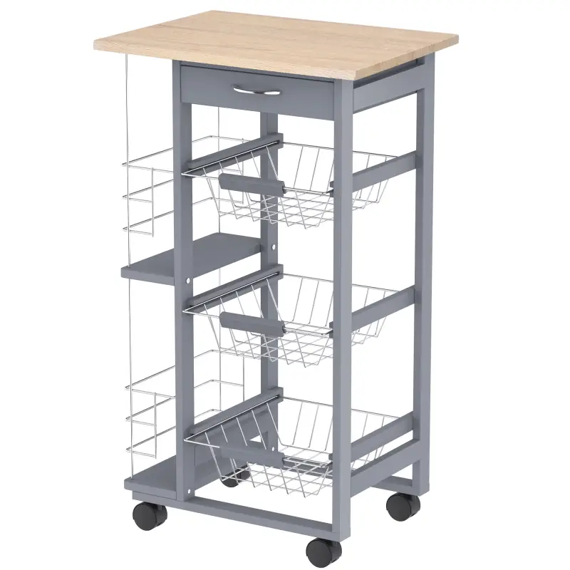 Carrito Auxiliar con Ruedas Carrito de Cocina con 3 Cestas Metálicas Cajón 2 Especieros 47x37x83 cm Gris
