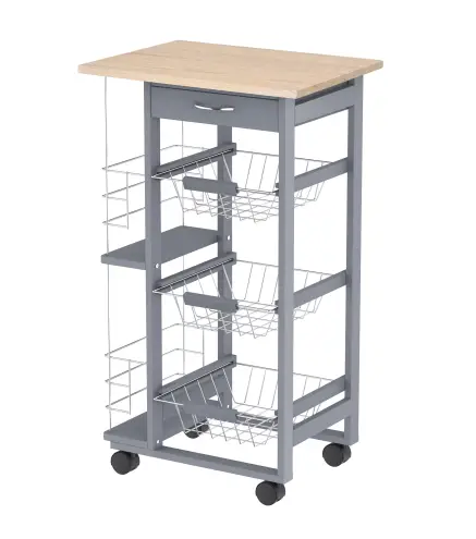 Carrito Auxiliar con Ruedas Carrito de Cocina con 3 Cestas Metálicas Cajón 2 Especieros 47x37x83 cm Gris