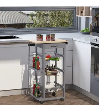 Carrito Auxiliar con Ruedas Carrito de Cocina con 3 Cestas Metálicas Cajón 2 Especieros 47x37x83 cm Gris