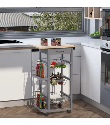 Carrito Auxiliar con Ruedas Carrito de Cocina con 3 Cestas Metálicas Cajón 2 Especieros 47x37x83 cm Gris