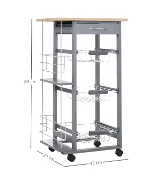 Carrito Auxiliar con Ruedas Carrito de Cocina con 3 Cestas Metálicas Cajón 2 Especieros 47x37x83 cm Gris
