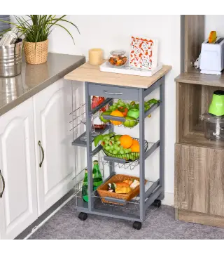 Carrito Auxiliar con Ruedas Carrito de Cocina con 3 Cestas Metálicas Cajón 2 Especieros 47x37x83 cm Gris