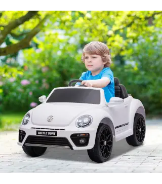 Coche eléctrico para niños VW Coccinelle, 3-5 km/h, con control remoto y música, Blanco